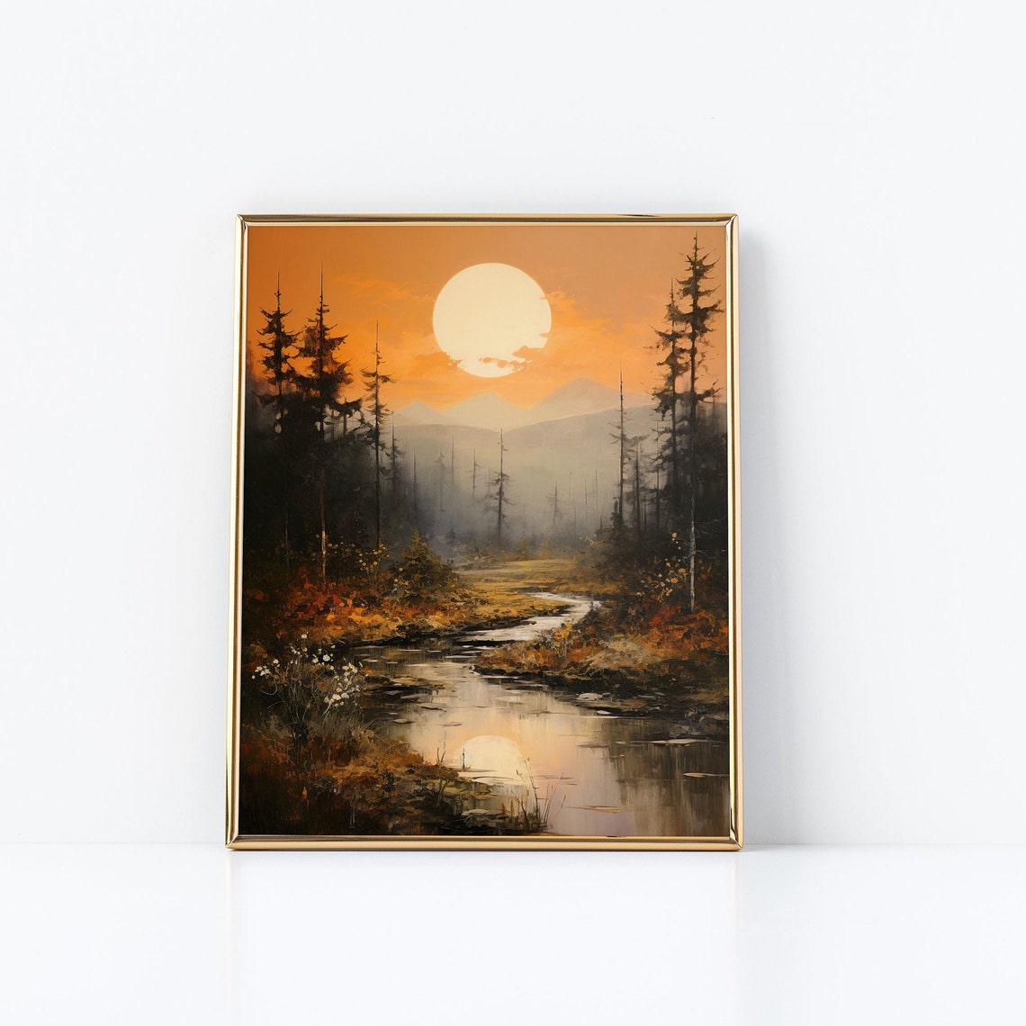 Sunset Pine Forest Misty Stream Reflection Moody Landscape Poster - Image 2