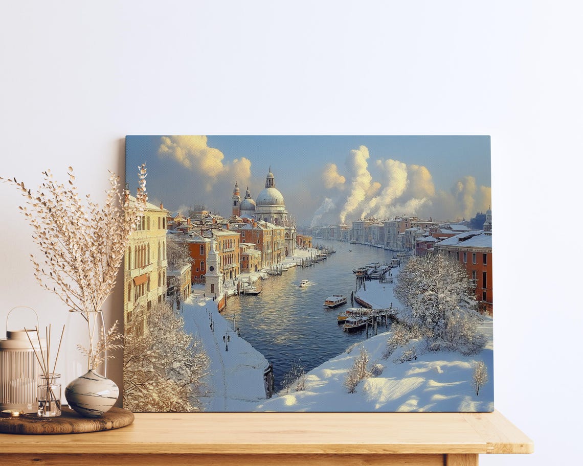 Oil Painting Of Venice Canal Winter Snow Scene Romantic Italian Cityscape Grand Canal Vista Wall Art - Image 2