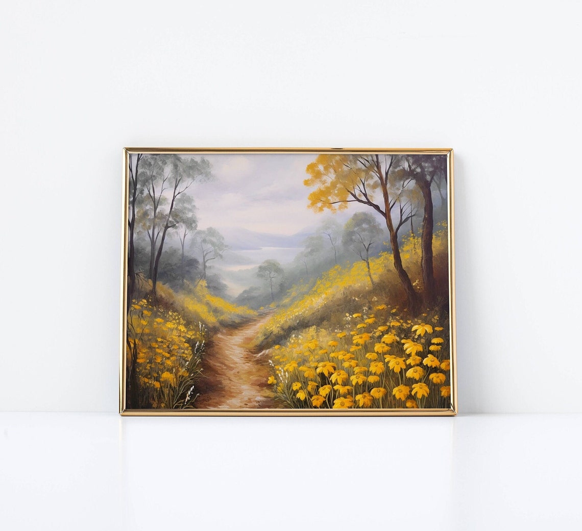 Misty Countryside Path Yellow Wildflowers Tranquil Lake View Poster - Image 2