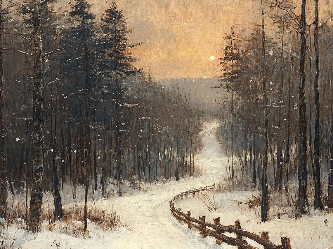 Winter Sunset Forest Trail Snow Path Fence Golden Light Poster - Image 3