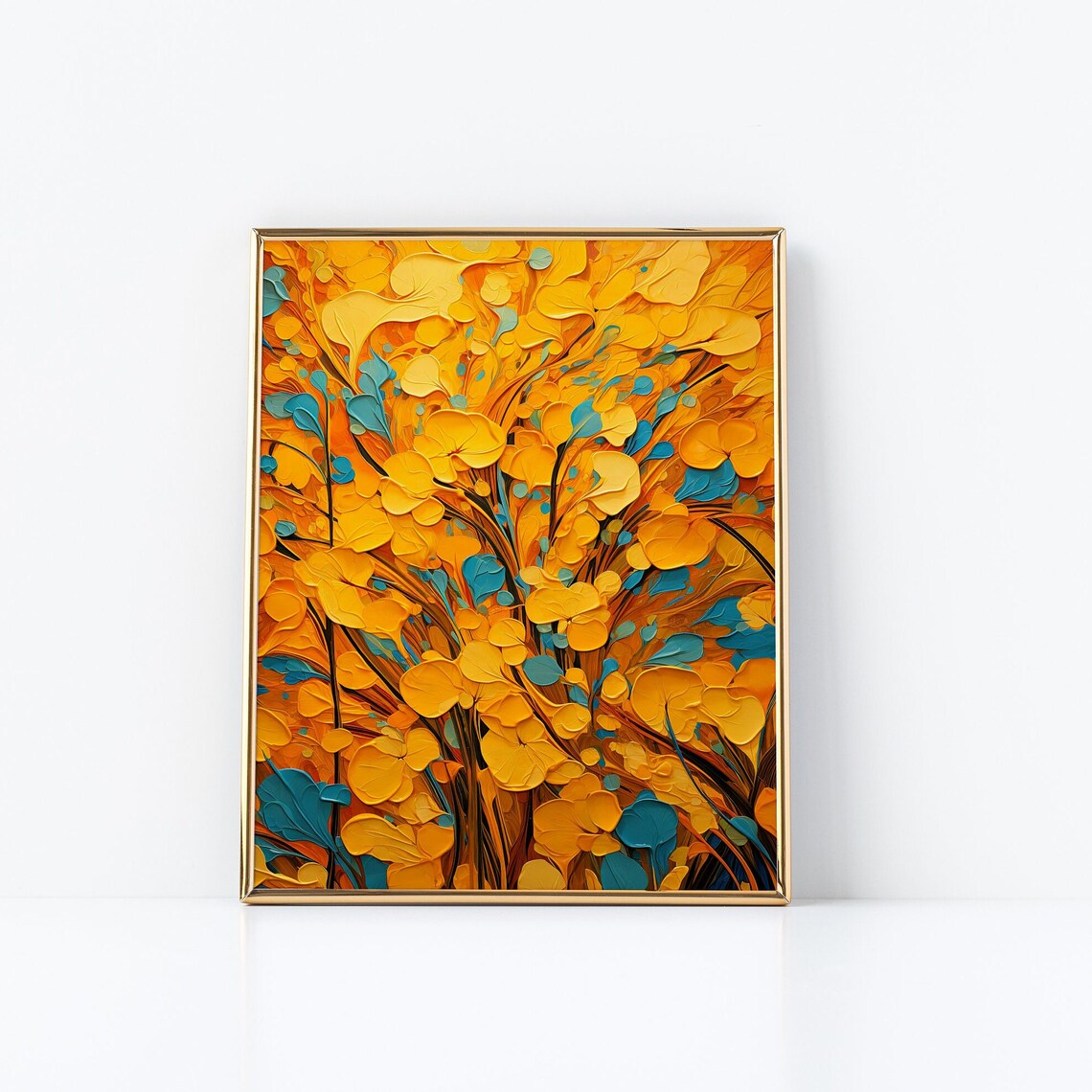 Golden Blossoms With Teal Accents Impasto Abstract Floral Art Poster - Image 3