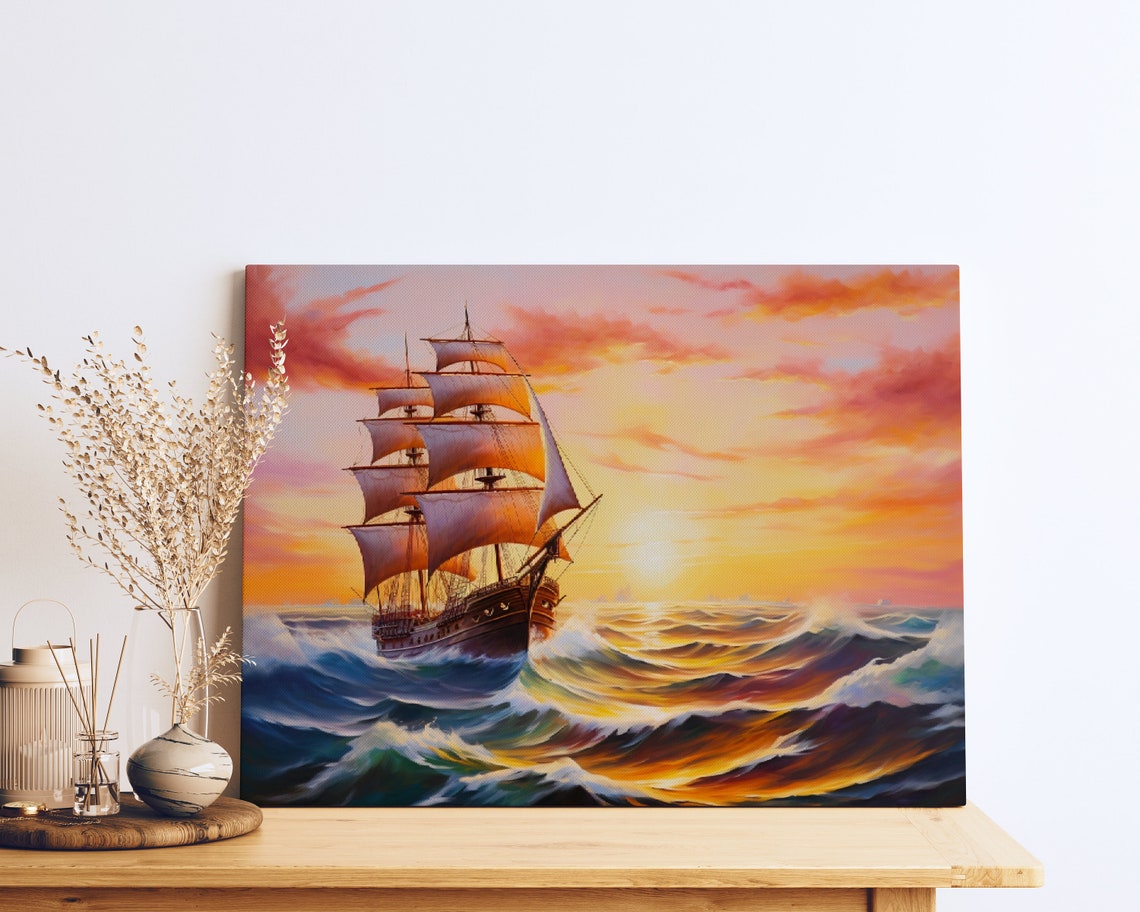 Tall Sailing Ship Painting Sunset Ocean Waves Nautical Poster