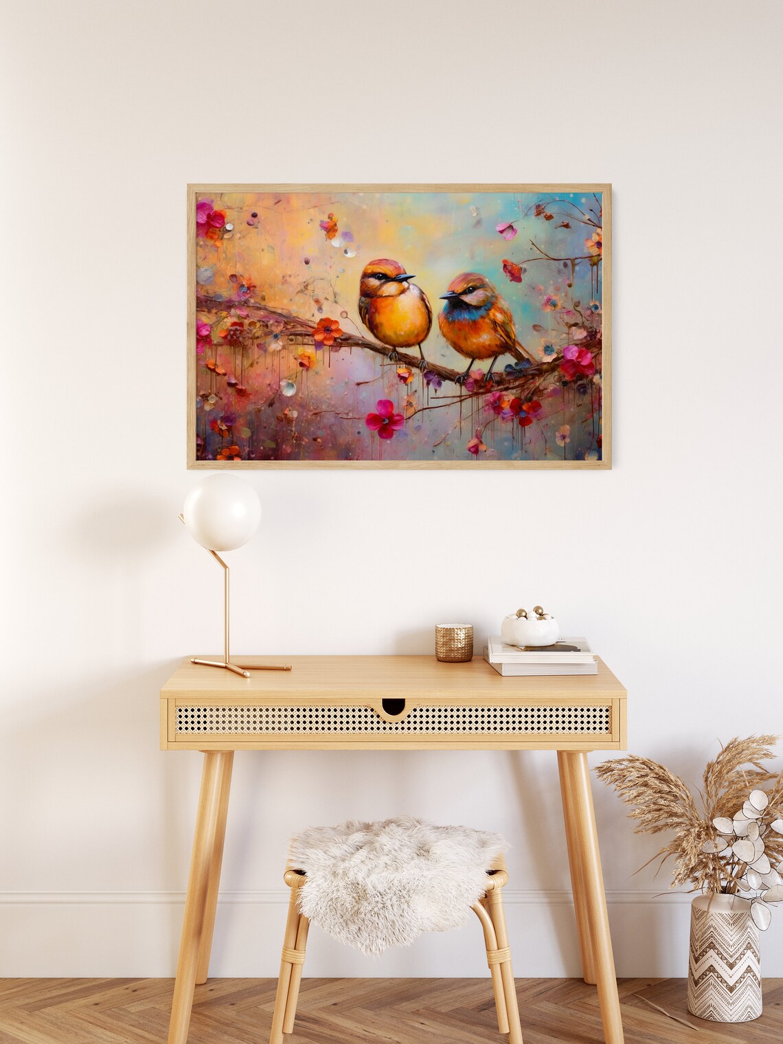 Two Colorful Songbirds On Pink Blossom Branch Whimsical Art Poster - Image 2