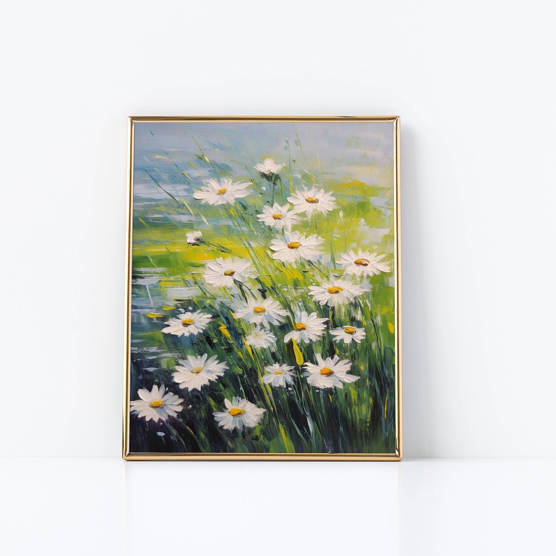 White Daisies Swaying In Green Meadow Breeze Floral Art Poster - Image 2