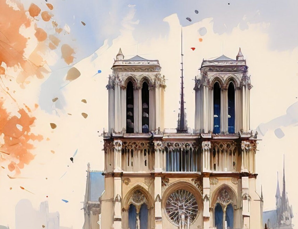 Notre Dame Cathedral Paris Autumn Rain Street Watercolor Poster - Image 2