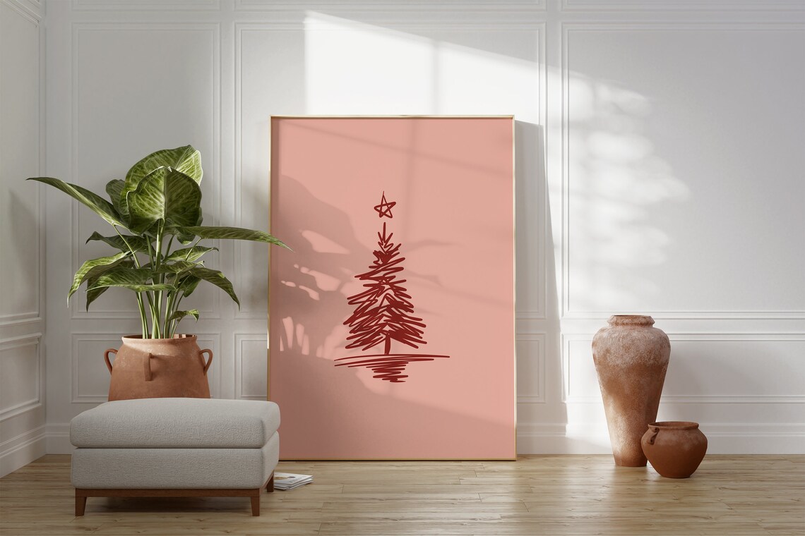 Hand Drawn Christmas Tree With Star Blush Pink Holiday Decor Poster - Image 4
