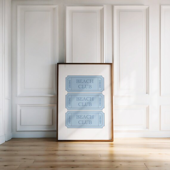 Beach Club Vintage Ticket Stub Light Blue Coastal Retro Decor Poster