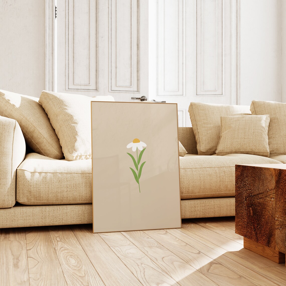 Beige Daisy Print, Boho Floral Nursery Decor