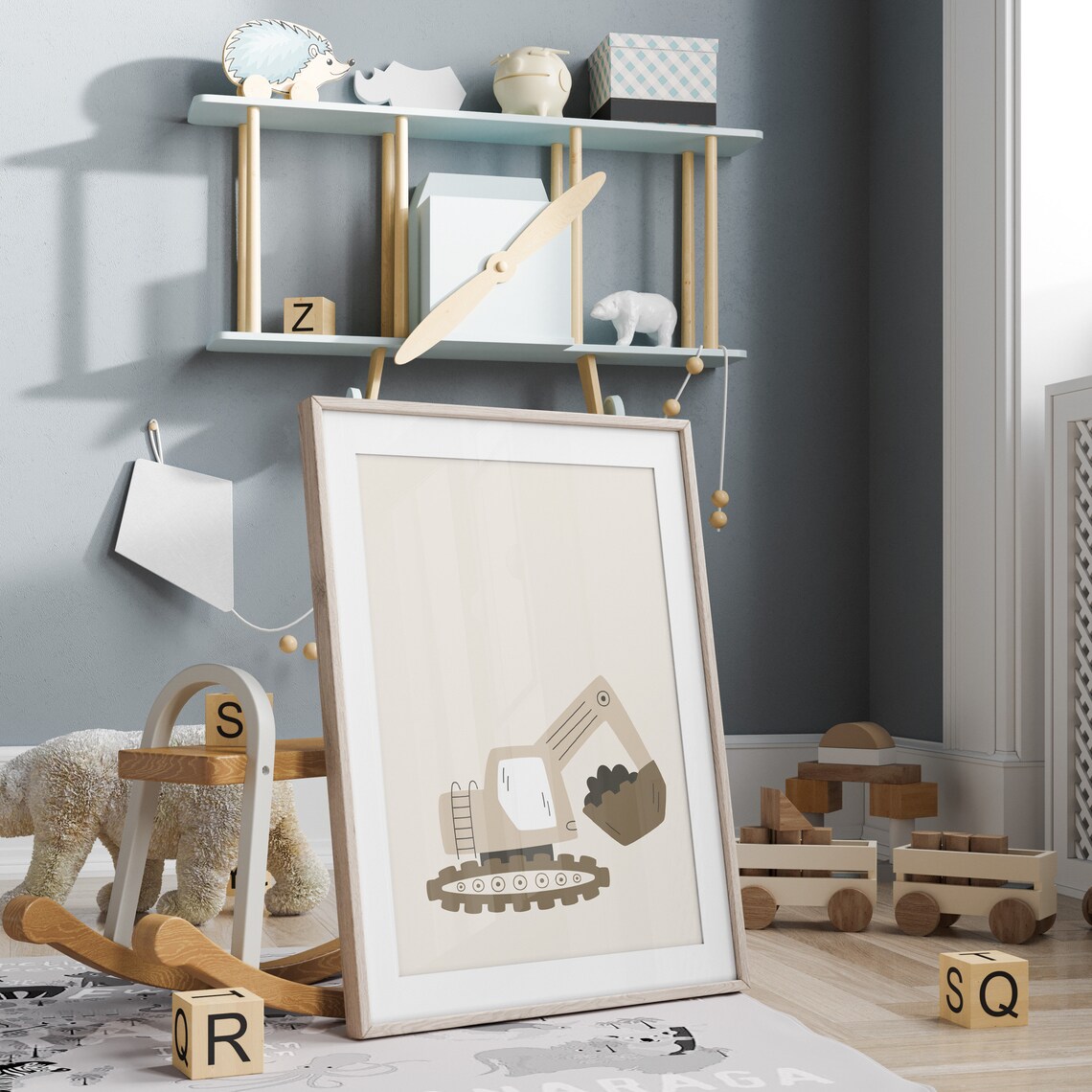 Beige Excavator Digger Neutral Nursery Construction Truck Poster - Image 4