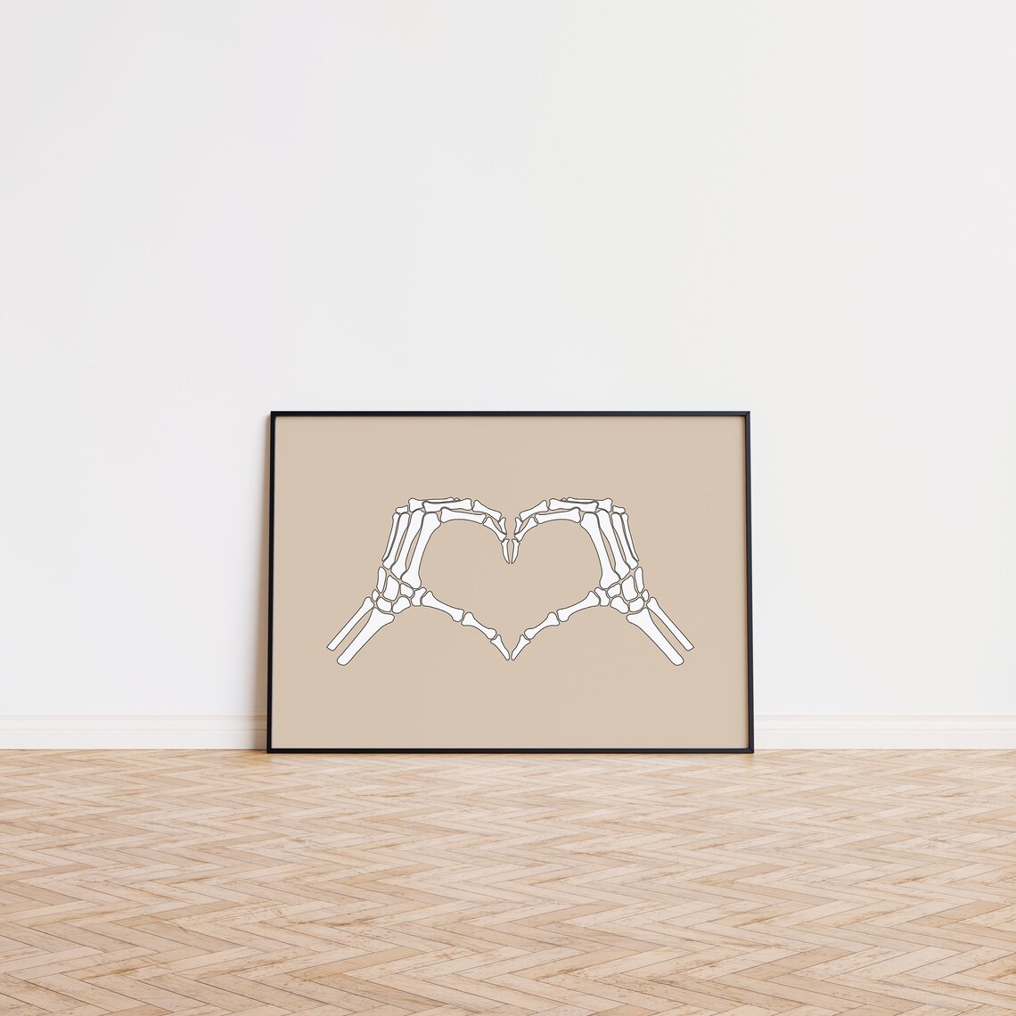 Skeleton Hands Heart White on Tan Beige Minimalist Halloween Poster - Image 2
