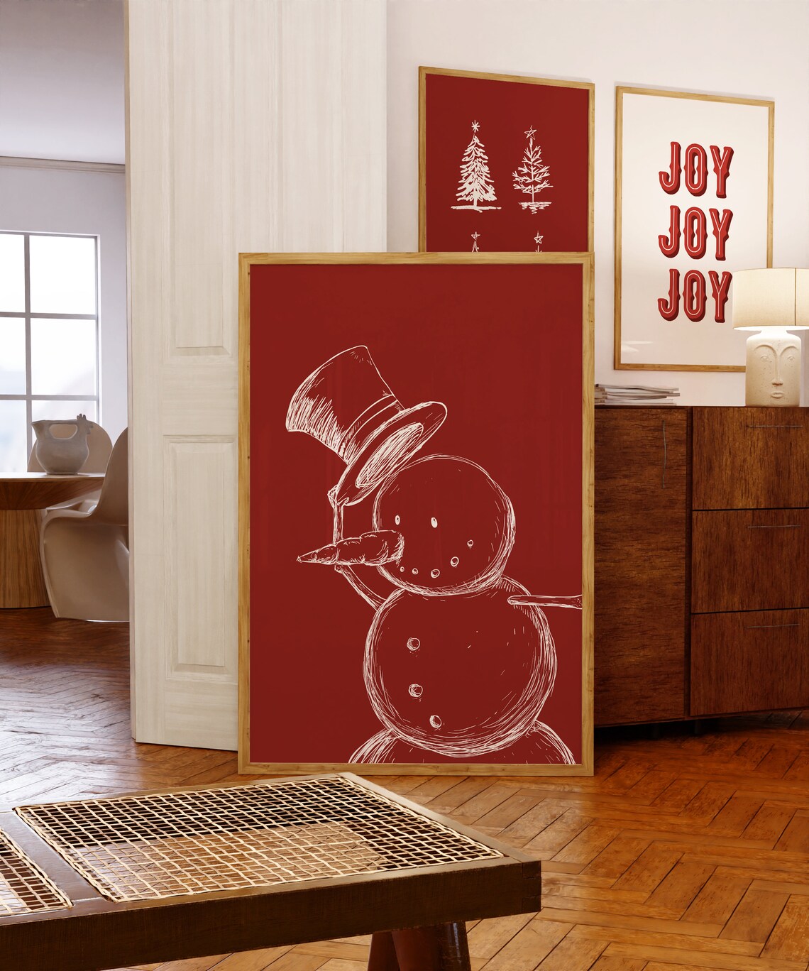 Snowman Line Drawing Red Christmas Holiday Winter Sketch Poster - Image 3