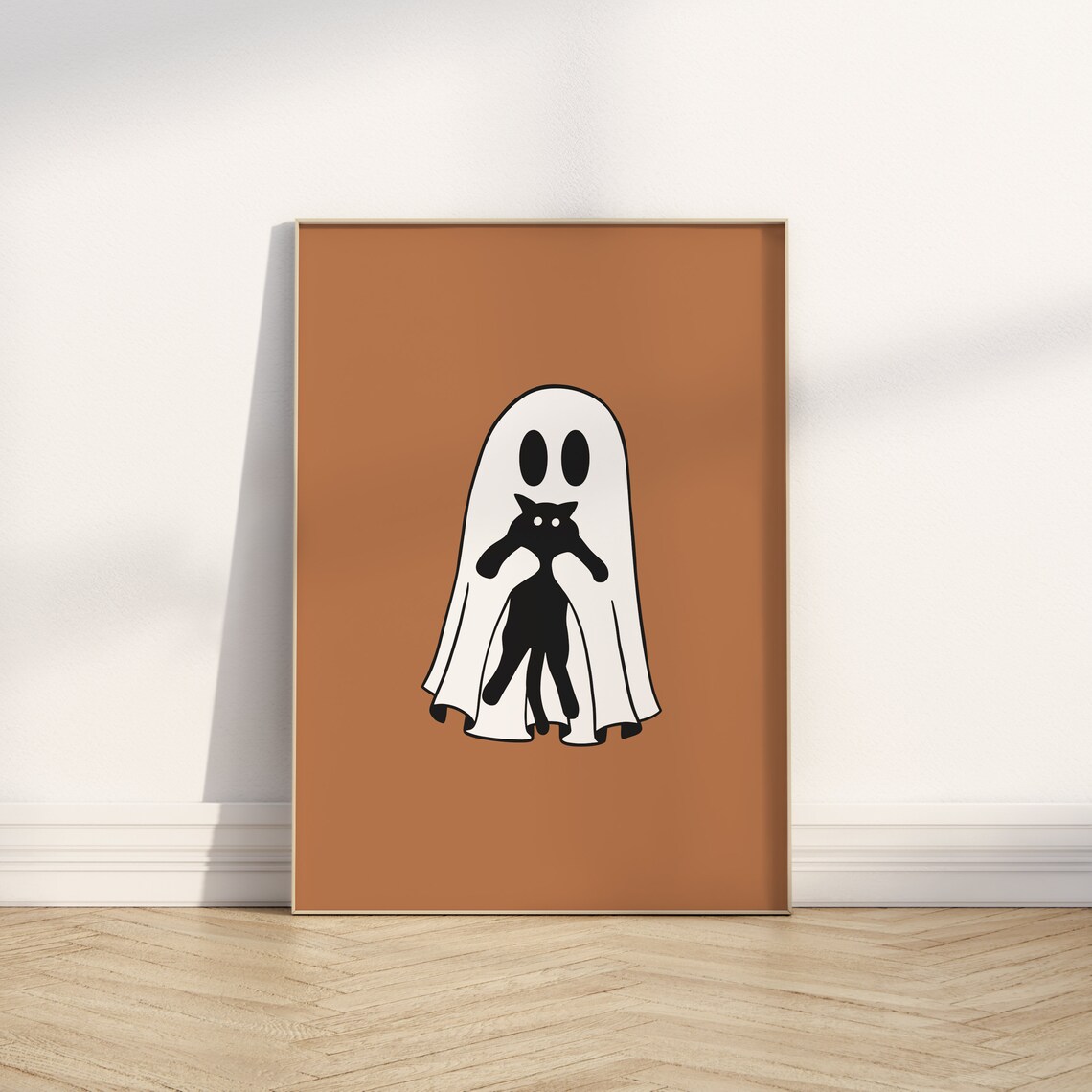 Halloween Ghost Holding Cat Caramel Brown Fall Background Poster - Image 5