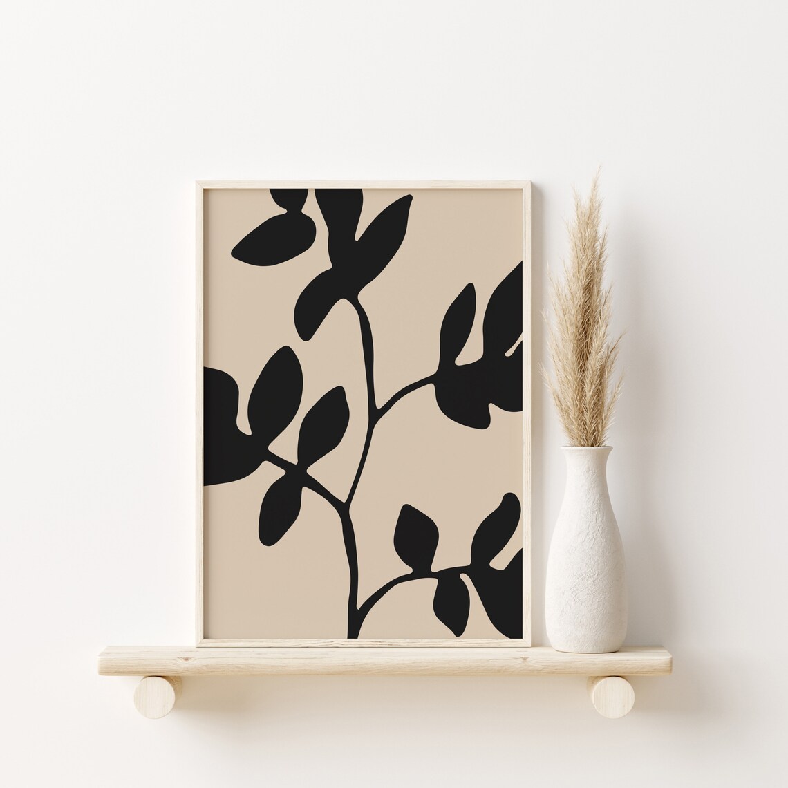 Beige Black Botanical Silhouette Poster Minimalist Leaf Branch Art