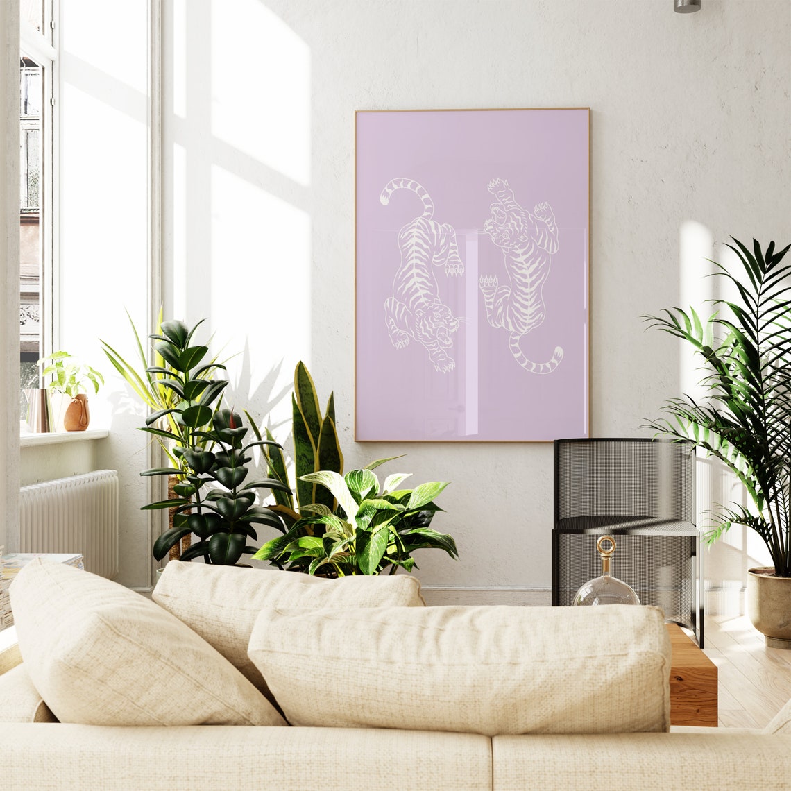 Lilac Twin Tigers Japanese Style Minimal Line Art Dorm Poster - Image 3