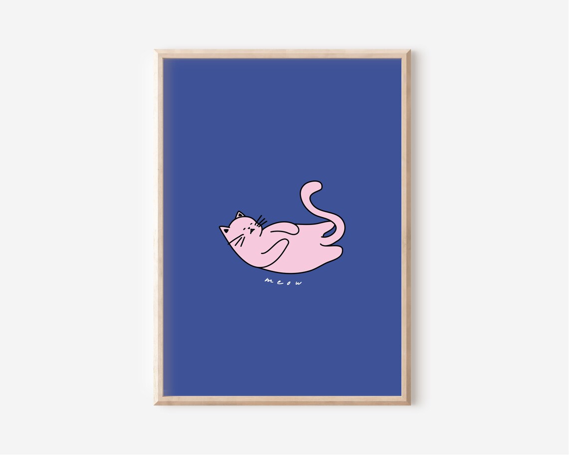 Pink Cat Meow Blue Background Quirky Cute Cartoon Animal Poster