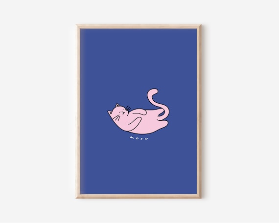 Pink Cat Meow Blue Background Quirky Cute Cartoon Animal Poster