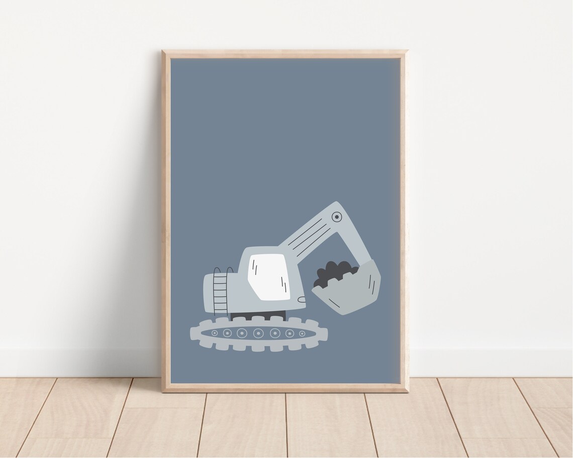 Gray Blue Excavator Nursery Kids Construction Digger Art Poster - Image 3