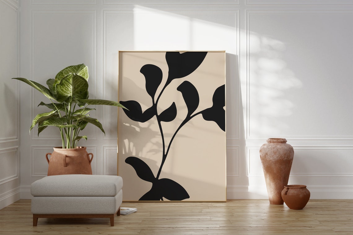 Black Leafy Branch Silhouette Beige Botanical Minimalist Art Poster - Image 4