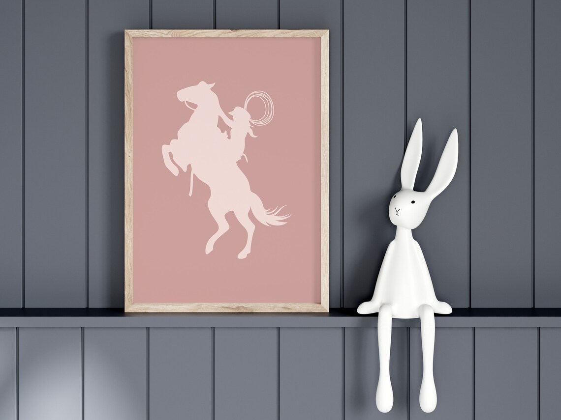 Cowgirl Silhouette on Bucking Horse Pink Western Nursery Poster - Image 2