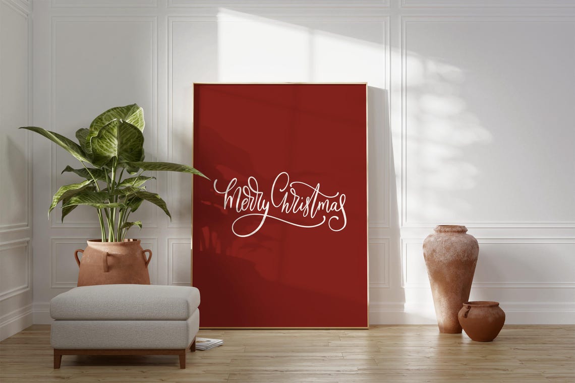 Merry Christmas White Script Deep Red Festive Holiday Poster