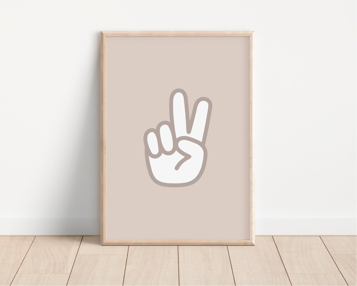 Beige Peace Sign Hand White Graphic Retro Minimalist Art Poster