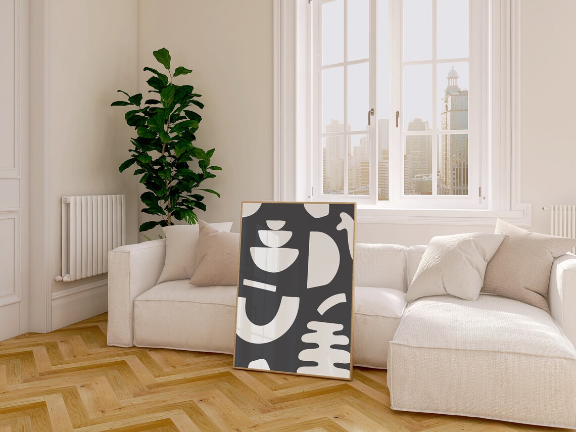 Dark Grey Abstract Organic White Shapes Modern Minimalist Art Poster - Image 3