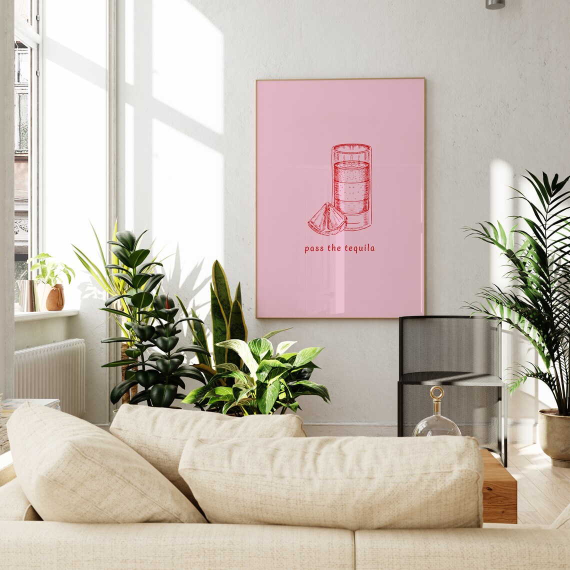 Pass The Tequila Shot Glass Red Line Art Pink Bar Party Decor Poster - Image 3