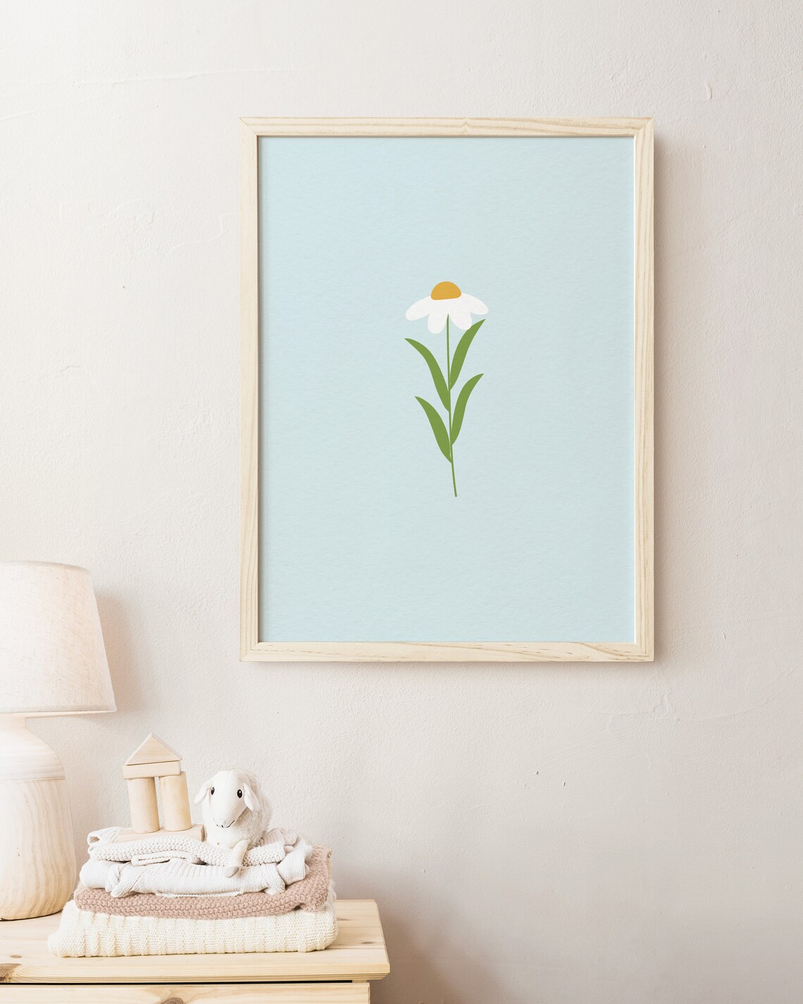 Single White Daisy Light Blue Minimal Floral Nursery Decor Poster