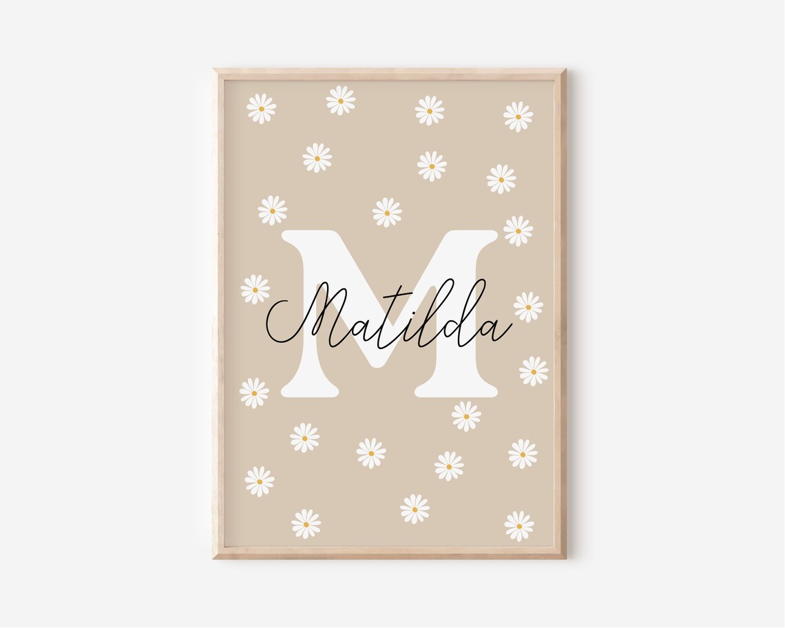 Nova Letter N Daisy Floral Nursery Personalized Name Beige Poster - Image 2