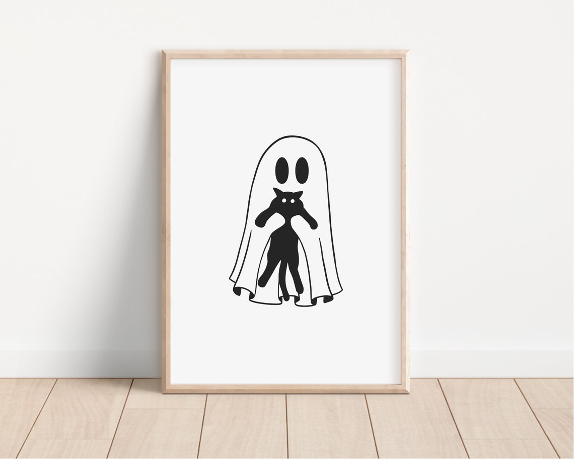 Cute Ghost Black Cat Halloween Minimalist Spooky Season Poster - Image 2