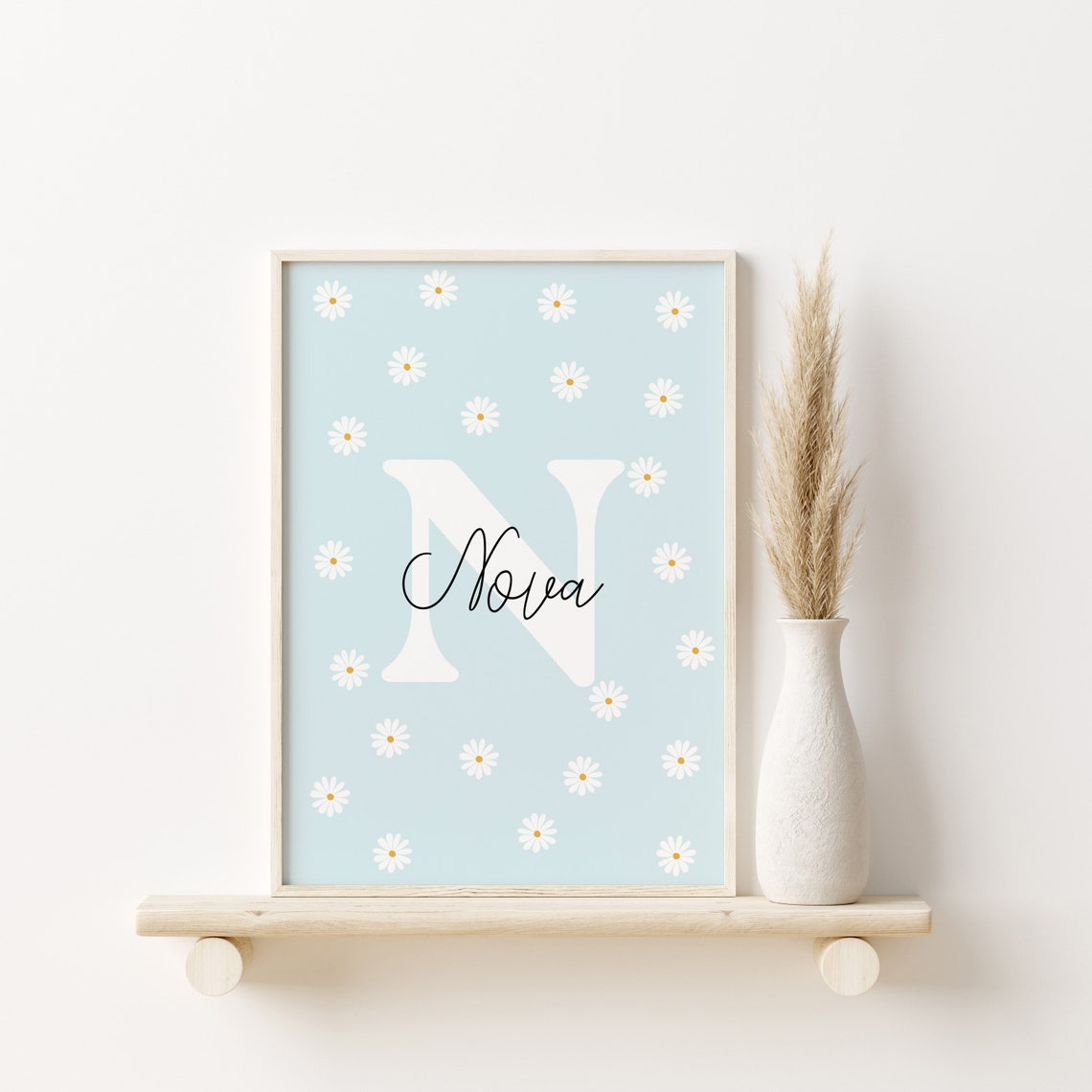 Personalized Name Daisy Blue Floral Nursery Custom Initial Art Poster - Image 4
