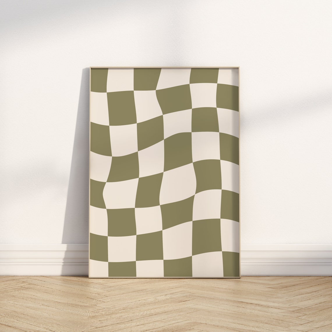 Olive Green Wavy Checkered Retro Checkerboard Art Deco Poster