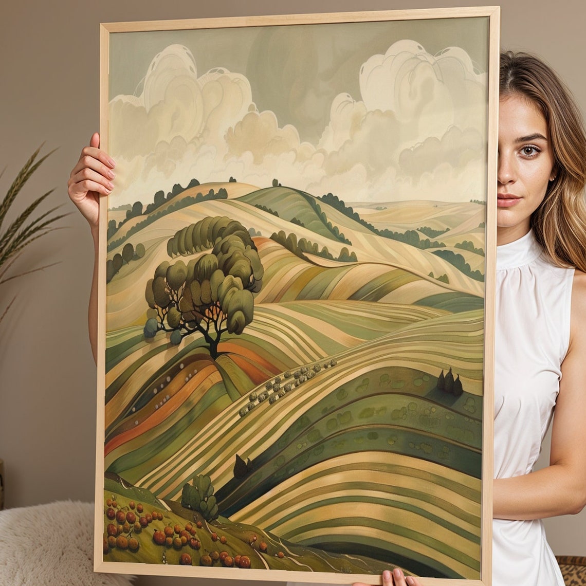 Art Deco Rolling Hills Farmhouse Countryside Landscape Wall Art