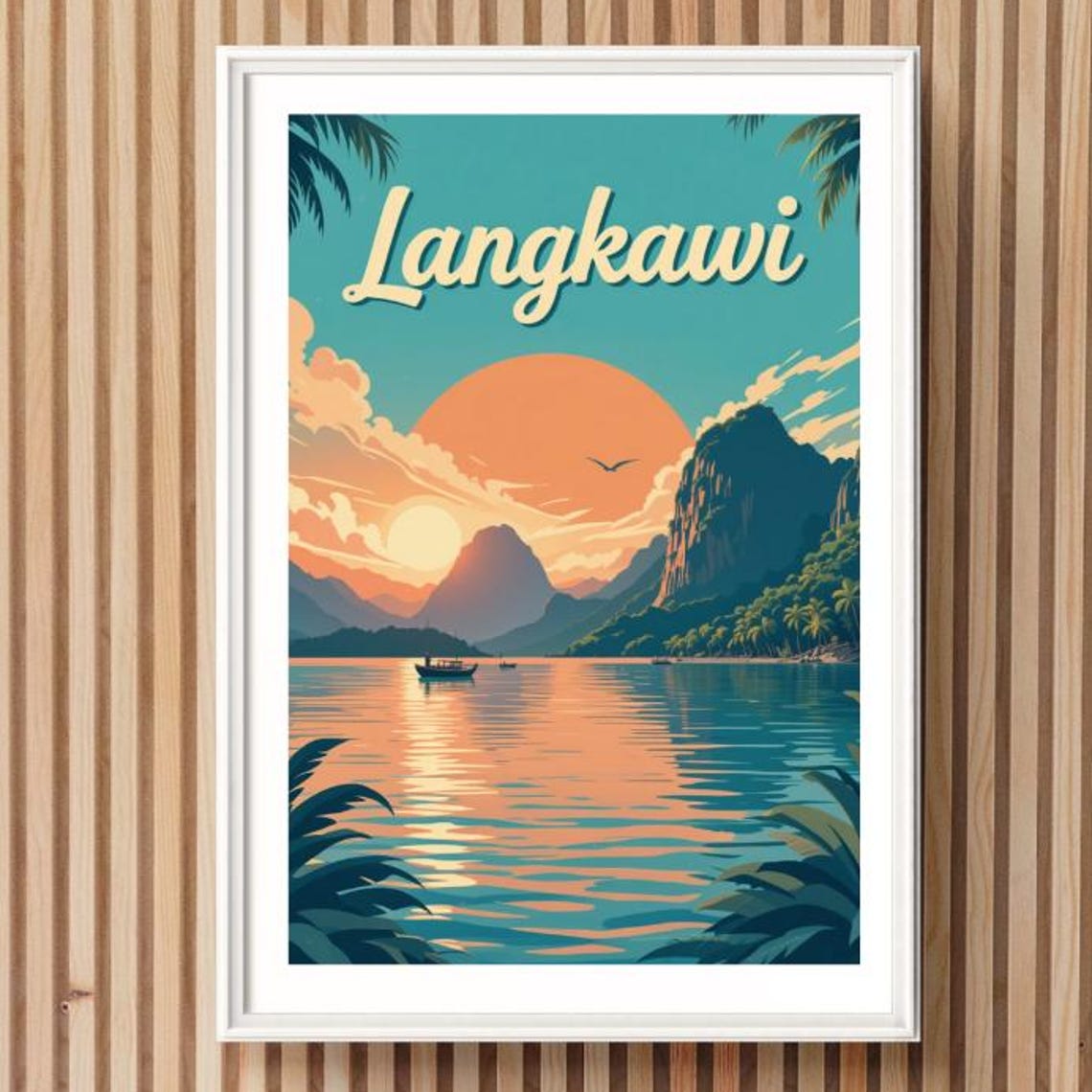 Langkawi Malaysia Sunset Beach Mountains Retro Scenic Art Poster