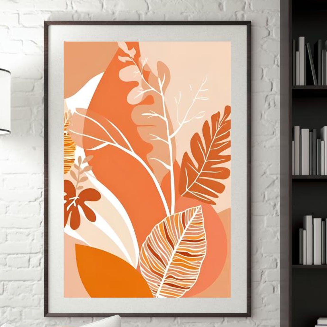 Tangerine Abstract Leaves White Branches Botanical Modern Art Poster
