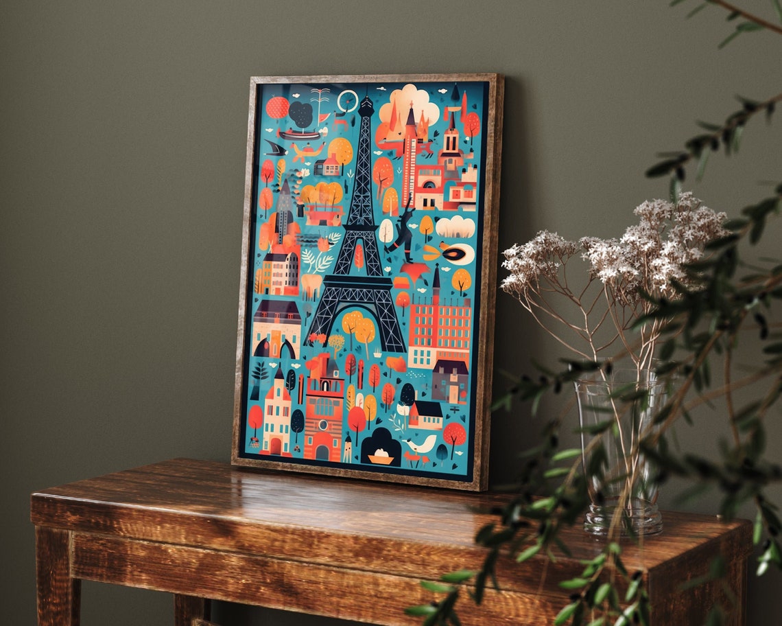 Eiffel Tower Paris Whimsical City Illustration Colorful Poster