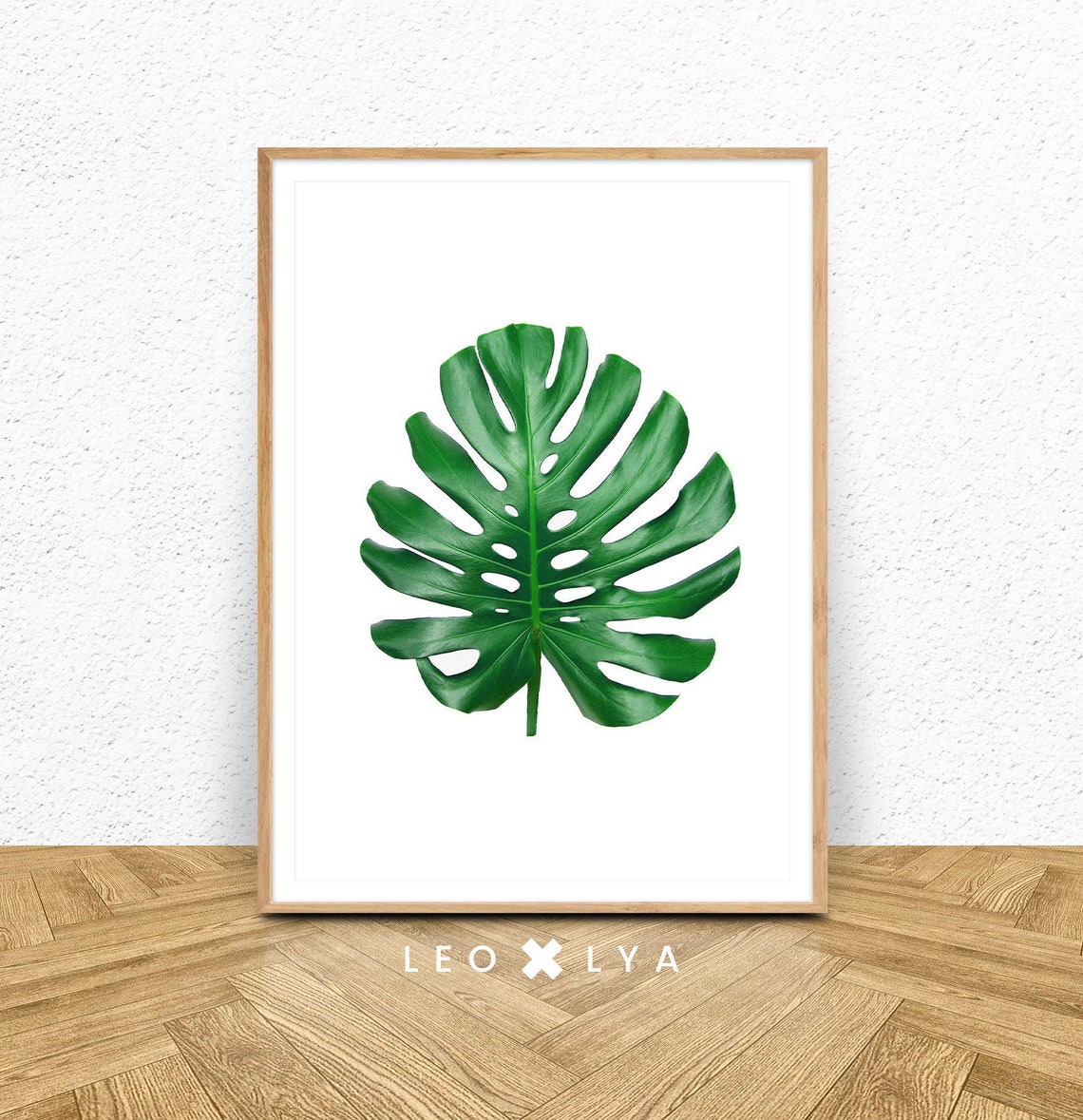 Green Monstera Leaf White Background Minimalist Botanical Poster