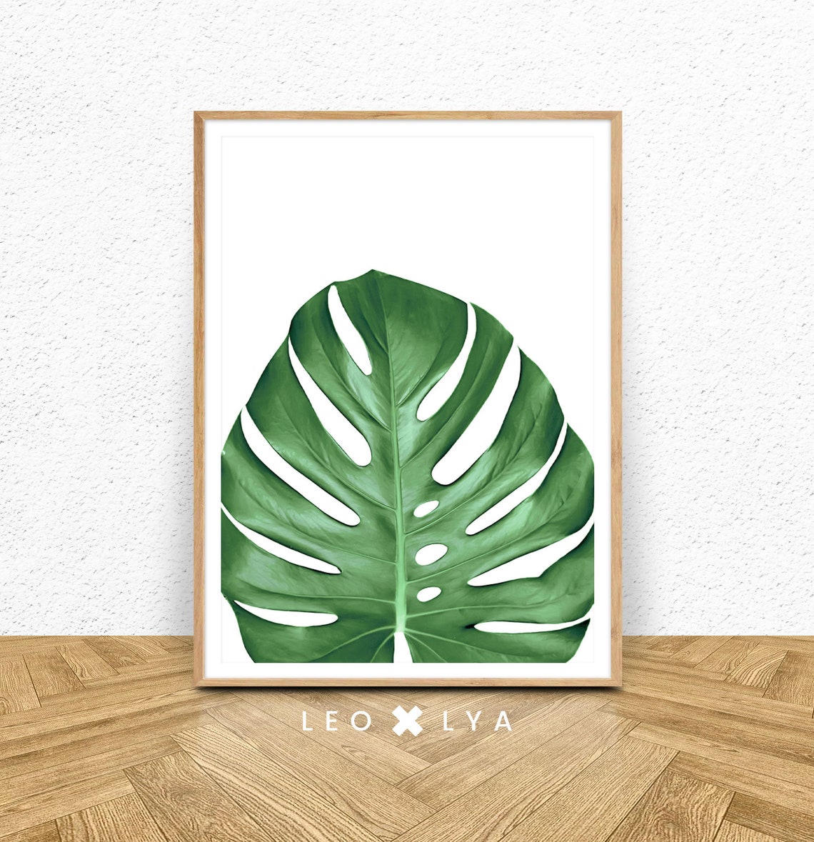 Single Monstera Leaf Green White Background Tropical Art Poster