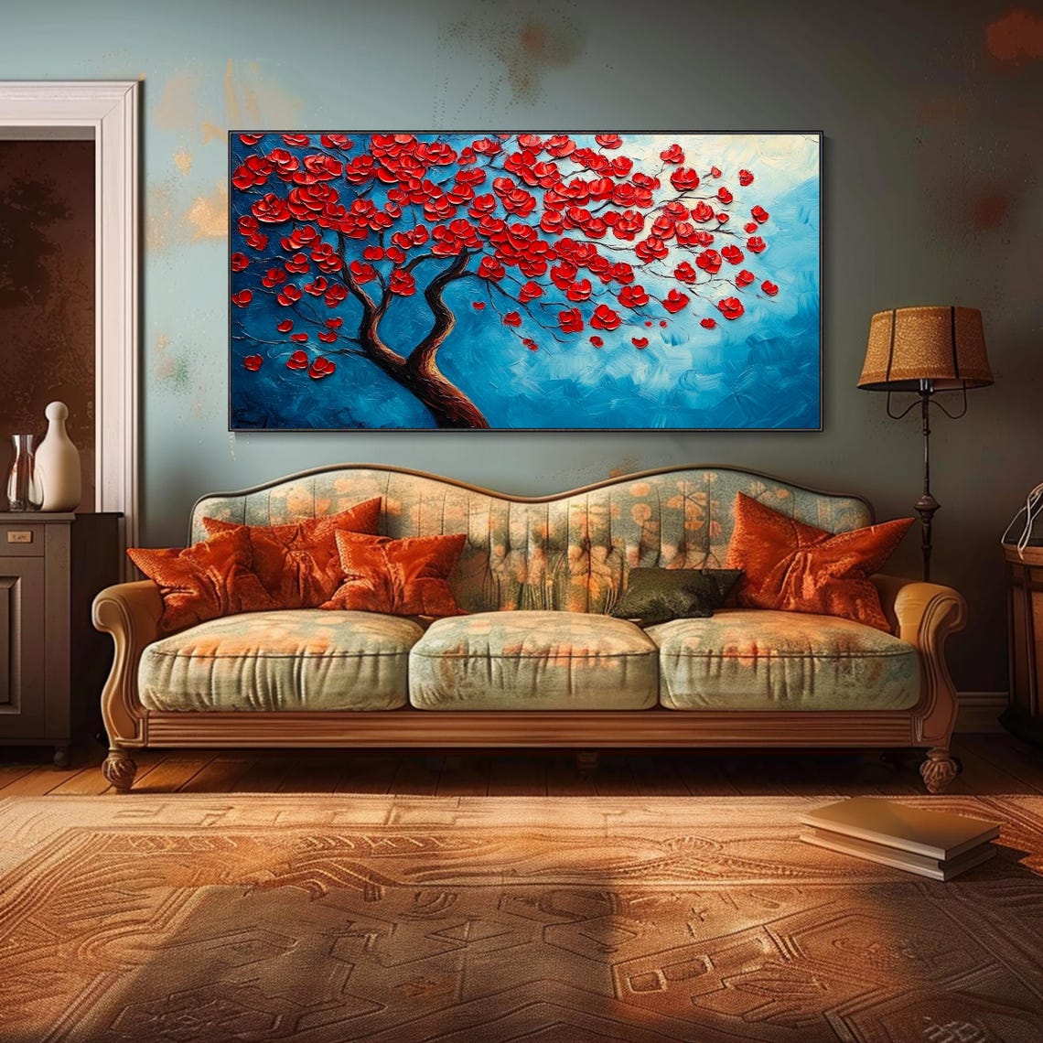 Red Blossom Tree Blue Sky Bold Floral Panoramic Oil Painting Wall Art - Image 5