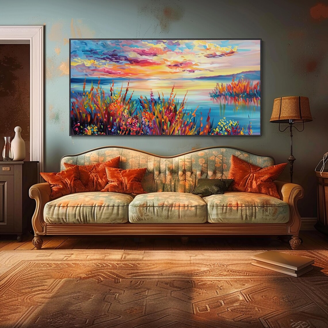 Sunrise Lake Wildflowers Oil Painting Colorful Morning Sky Impasto Wall Poster - Image 3