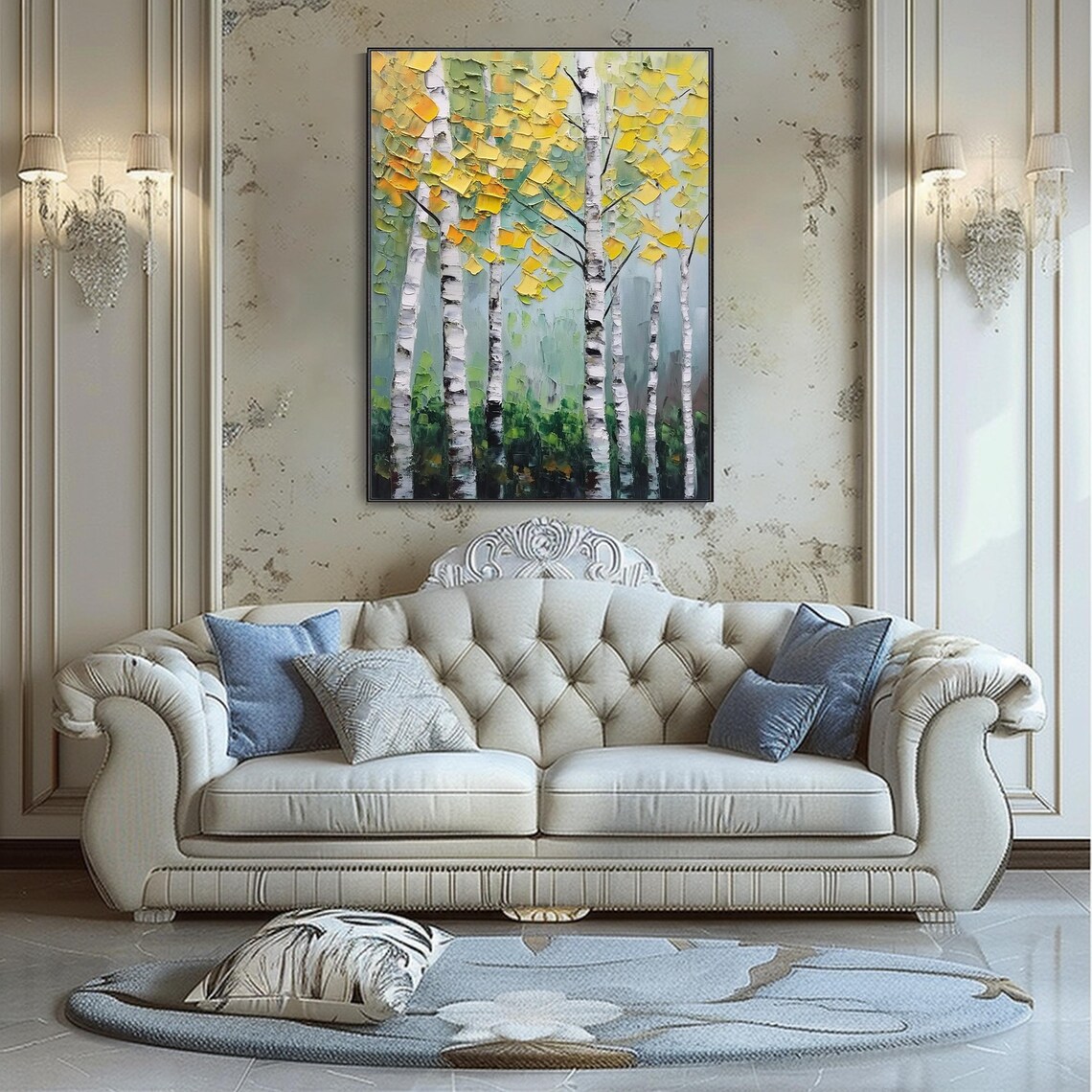 Hand Painted Birch Forest Original Thick Texture 3d Palette Knife Oil On Modern Impressionist Home Wall Hanging Living Room Decor - Image 5