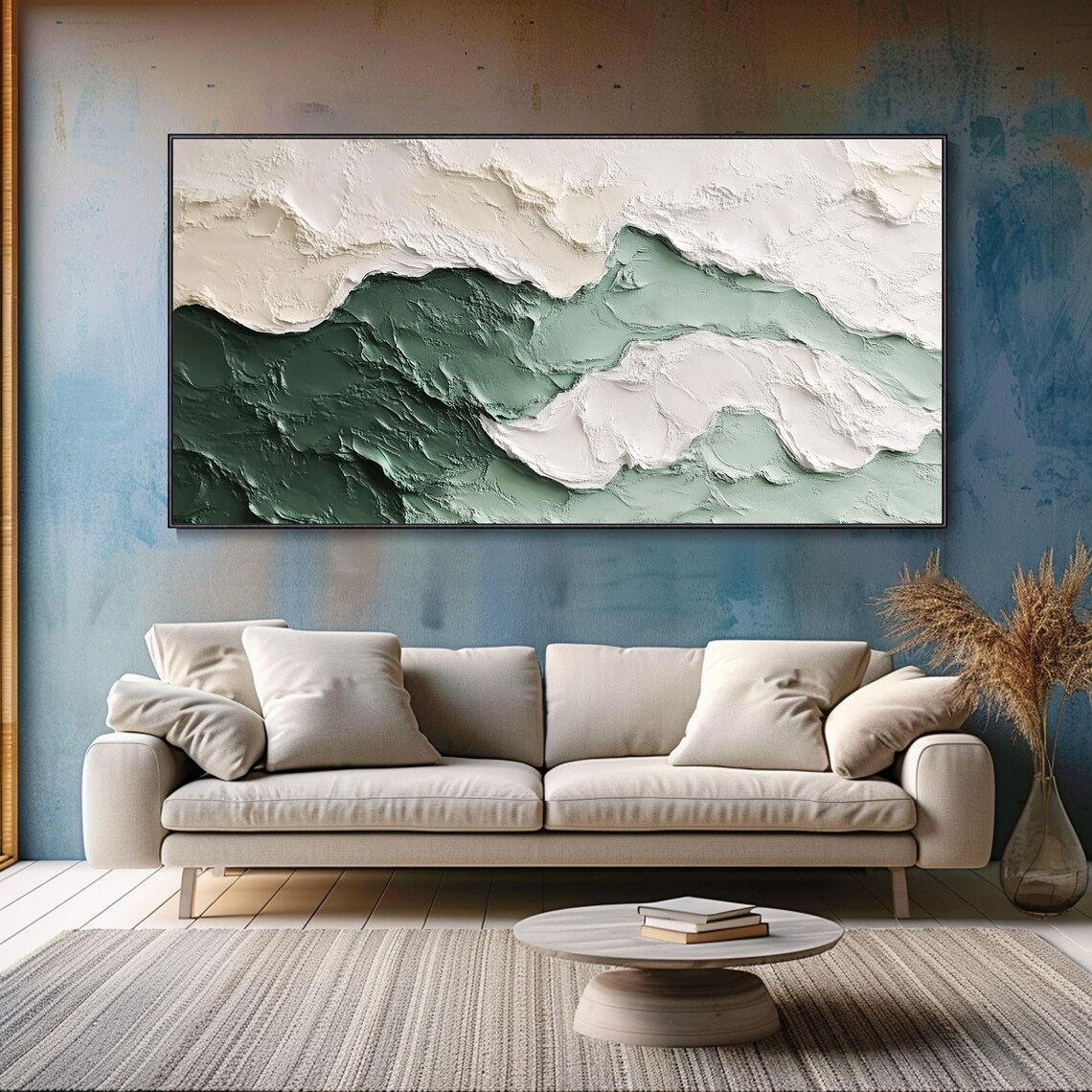 Cream White Green Textured Waves Minimalist Abstract Oil Painting Wall Art - Image 4
