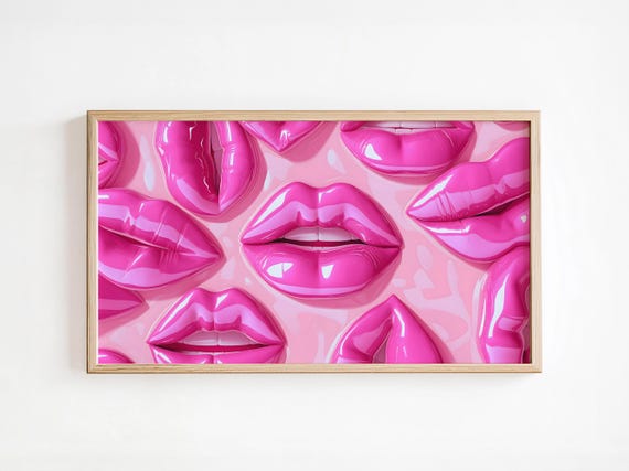 Pink Glossy Lips Art For Frame Tv Hyper Realistic Pink Glossy Trendy Wall Decor Bold Art Modern Pop Art
