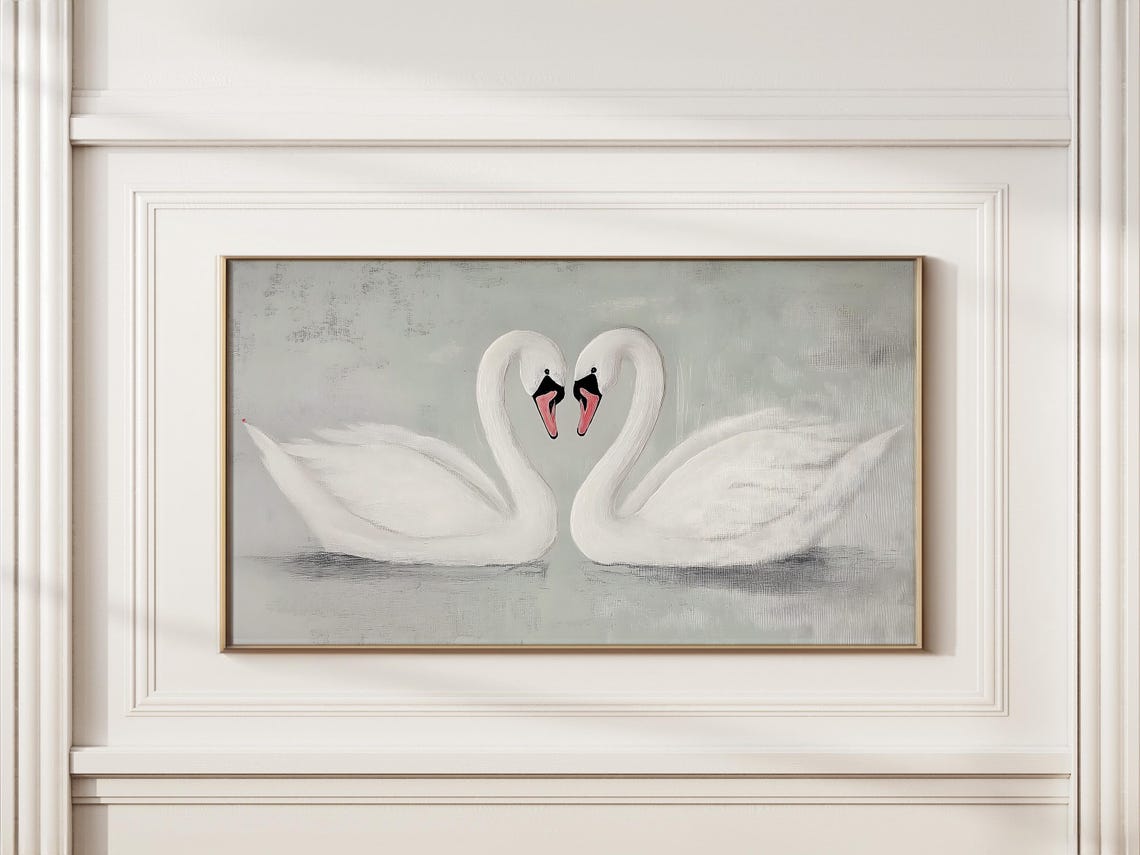 Two White Swans Heart Shaped Necks Romantic Minimalist Love Poster