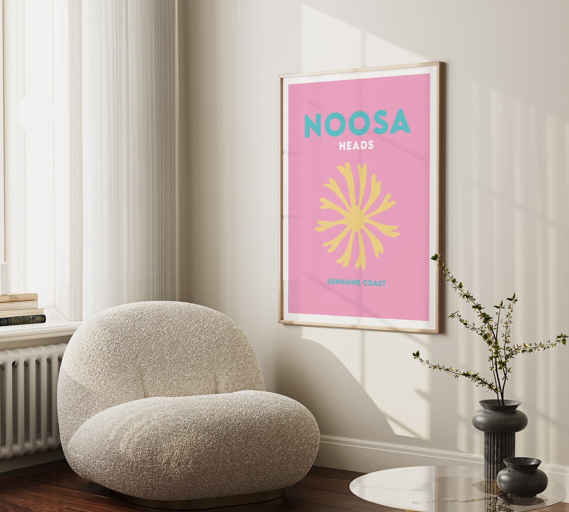 Noosa Heads Sunshine Coast Pink Yellow Sunburst Travel Poster - Image 3