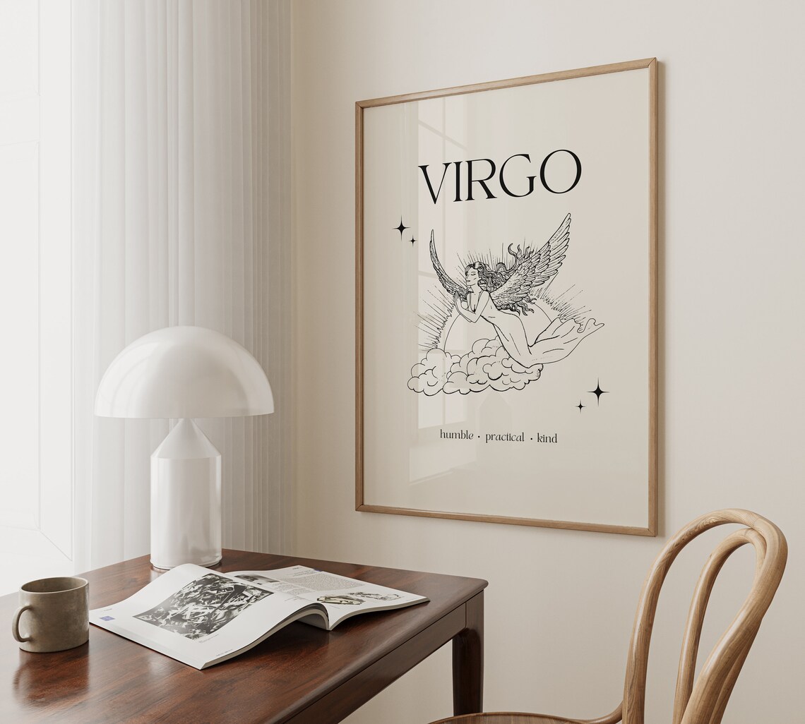 Virgo Zodiac Angel Minimalist Winged Woman Line Art Cream Poster - Image 4