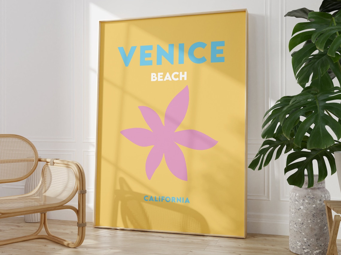 Venice Beach California Minimalist Yellow Pink Flower Poster