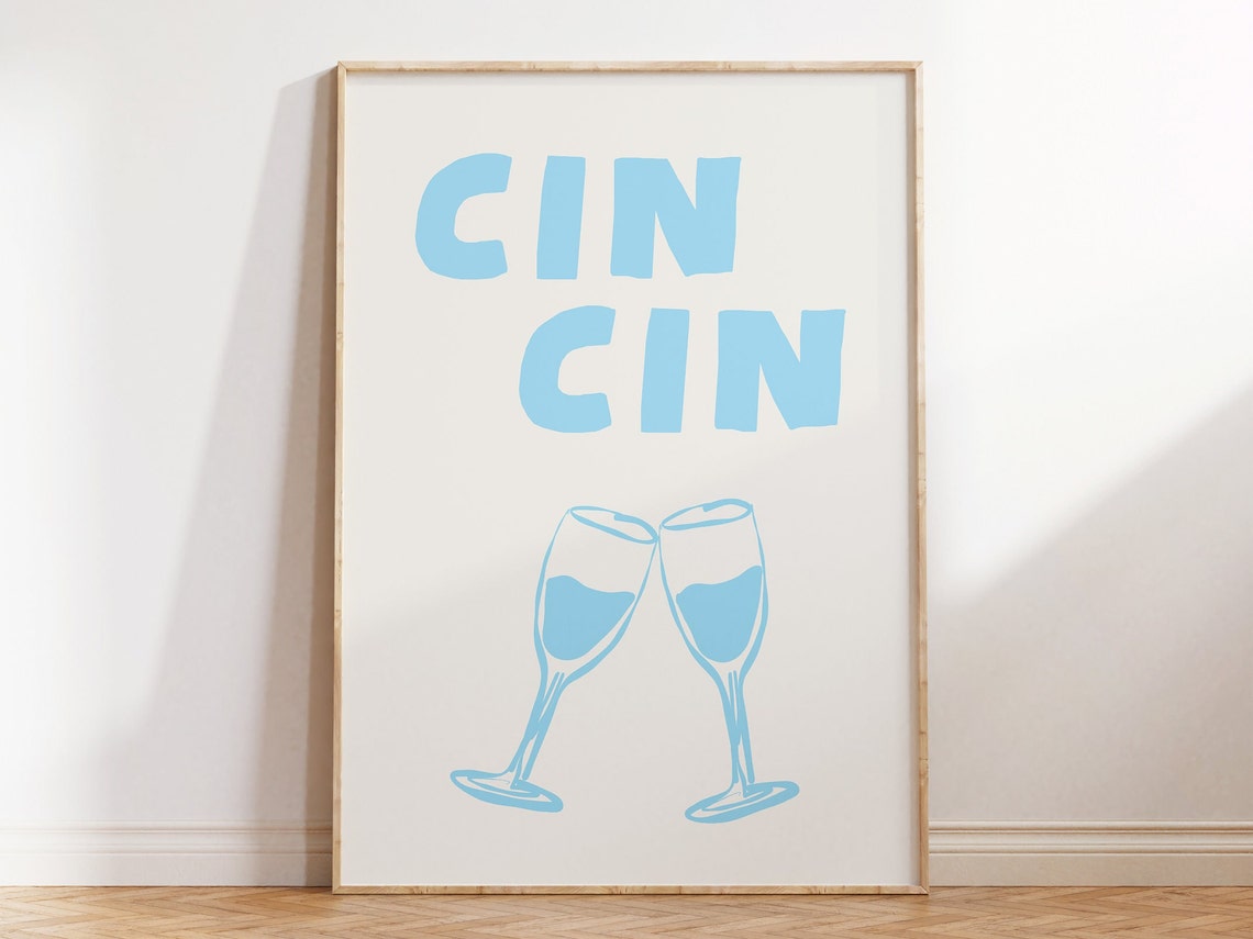Cin Cin Light Blue Champagne Toast Minimalist Kitchen Poster - Image 2