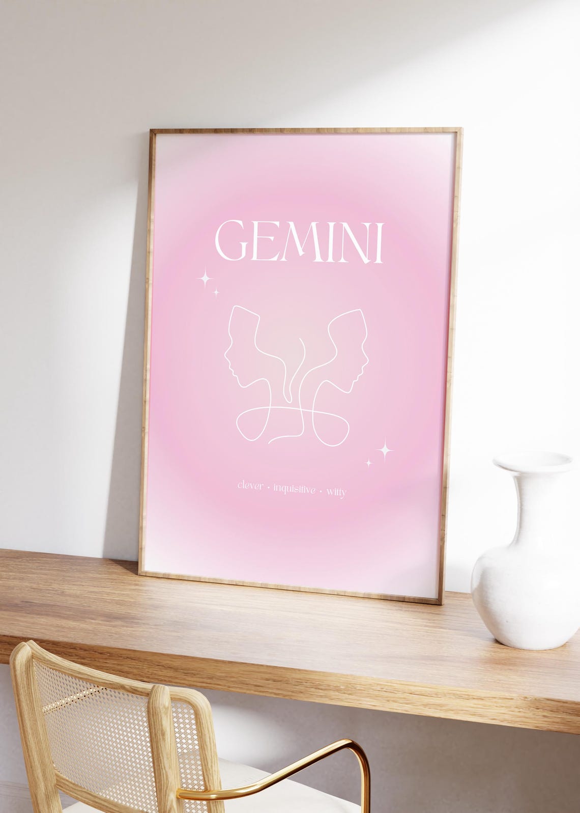 Gemini Zodiac Faces Pink Gradient Aura White Line Art Poster - Image 5