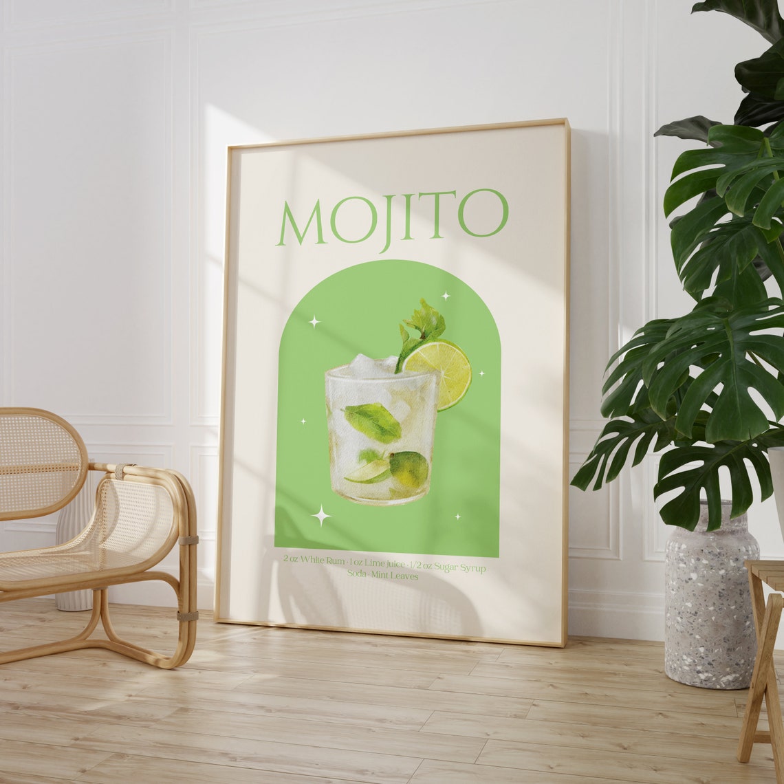 Mojito Cocktail Recipe Green Watercolor Mint Lime Bar Poster